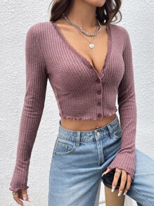 SHEIN EZwear Lettuce Trim Waffle Knit Crop Tee - Mauve Purple - View 6