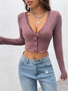 SHEIN EZwear Lettuce Trim Waffle Knit Crop Tee - Mauve Purple - View 7