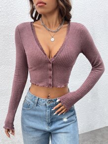 SHEIN EZwear Lettuce Trim Waffle Knit Crop Tee - Mauve Purple - View 4