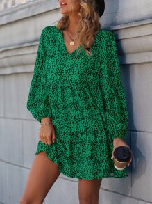 SHEIN LUNE Dalmatian Print Lantern Sleeve Ruffle Hem Smock Dress - Green - View 4
