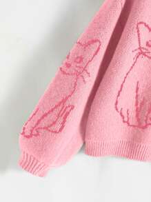 SHEIN Unity 猫咪图案落肩毛衣，长袖针织套头衫，秋冬毛衣 - 粉色 - 查看 3