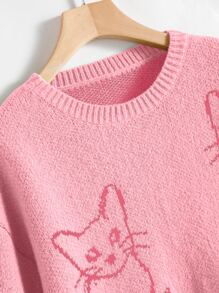 SHEIN Unity 猫咪图案落肩毛衣，长袖针织套头衫，秋冬毛衣 - 粉色 - 查看 4