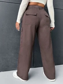 SHEIN Plus Flap Pocket Side Cargo Jeans - Chocolate Brown - View 2