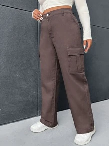 SHEIN Plus Flap Pocket Side Cargo Jeans - Chocolate Brown - View 3