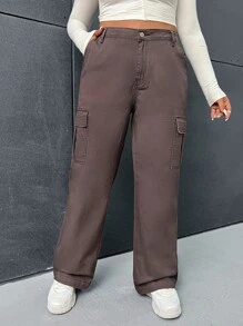 SHEIN Plus Flap Pocket Side Cargo Jeans - Chocolate Brown - View 4