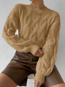 SHEIN Unity Cable Knit Drop Shoulder Jumper - Khaki - View 1