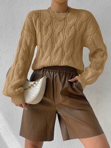 SHEIN Unity Cable Knit Drop Shoulder Jumper - Khaki - View 3