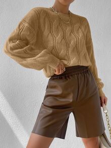 SHEIN Unity Cable Knit Drop Shoulder Jumper - Khaki - View 5