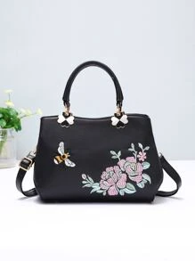 Bee & Floral Embroidered Satchel Bag, Elegant For Office & Work - Black - View 1