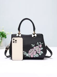 Bee & Floral Embroidered Satchel Bag, Elegant For Office & Work - Black - View 6