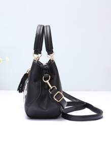 Bee & Floral Embroidered Satchel Bag, Elegant For Office & Work - Black - View 4