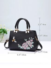 Bee & Floral Embroidered Satchel Bag, Elegant For Office & Work - Black - View 5