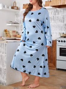Plus Heart Print Night Dress - Baby Blue - View 1