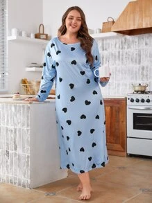 Plus Heart Print Night Dress - Baby Blue - View 4