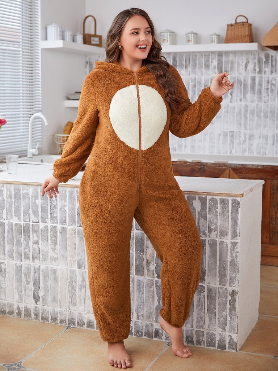Plus 3D Ear Design Hooded Zipper Flannel Sleep Jumpsuit - Brown - View 1