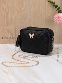 蝴蝶結和流蘇裝飾絎縫方包，鏈條斜挎錢包，女士時尚單肩包迷你絎縫蝴蝶和流蘇裝飾方包 - 黑色 - 查看 3