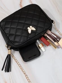 蝴蝶結和流蘇裝飾絎縫方包，鏈條斜挎錢包，女士時尚單肩包迷你絎縫蝴蝶和流蘇裝飾方包 - 黑色 - 查看 5