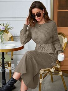 Modelyn Ladies áo len váy Thắt lưng POM Pom màu trơn Thanh lịch - Màu Khaki - Xem 4