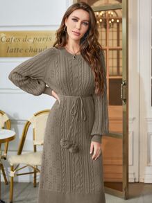 Modelyn Ladies áo len váy Thắt lưng POM Pom màu trơn Thanh lịch - Màu Khaki - Xem 5