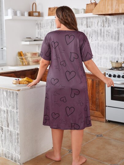 Plus Slogan And Heart Print Pajama Night Dress