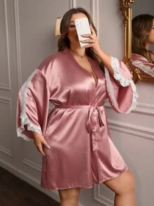 大碼蕾絲邊腰帶緞面睡袍