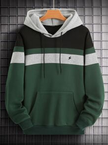 Manfinity Men Colour Block Kangaroo Pocket Drawstring Hoodie - Dark Green - View 1