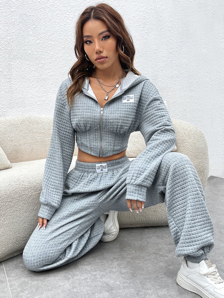 SHEIN EZwear 字母貼布落肩袖短款連帽衫和運動褲 - 淺灰色 - 查看 1