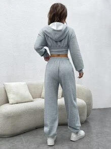 SHEIN EZwear 字母貼布落肩袖短款連帽衫和運動褲 - 淺灰色 - 查看 2