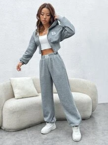 SHEIN EZwear 字母貼布落肩袖短款連帽衫和運動褲 - 淺灰色 - 查看 4