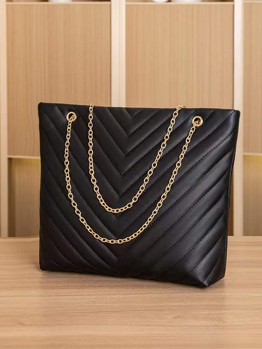 Trendy Chain Tote Bag, Women's Large Capacity Shoulder Bag, Simple Solid Colour Handbag Chevron Chain Shoulder Tote Bag - Black - View 1