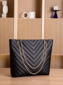 Trendy Chain Tote Bag, Women's Large Capacity Shoulder Bag, Simple Solid Colour Handbag Chevron Chain Shoulder Tote Bag - Black - View 6