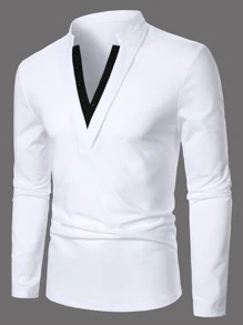 Manfinity Homme Men Contrast Trim Long Sleeve Color Block Polo Shirt, For Work, Fall - White - View 1