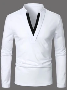 Manfinity Homme Men Contrast Trim Long Sleeve Color Block Polo Shirt, For Work, Fall - White - View 3