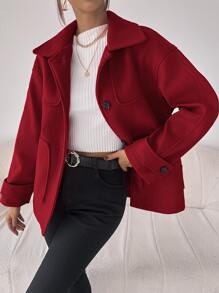 SHEIN Essnce Drop Shoulder Slant Pocket Overcoat - Burgundy - View 1