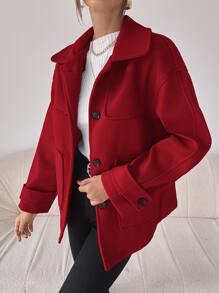 SHEIN Essnce Drop Shoulder Slant Pocket Overcoat - Burgundy - View 3