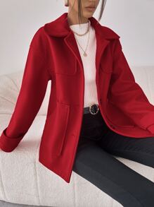 SHEIN Essnce Drop Shoulder Slant Pocket Overcoat - Burgundy - View 5