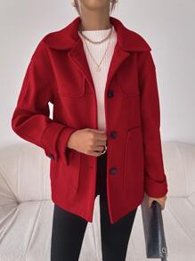 SHEIN Essnce Drop Shoulder Slant Pocket Overcoat - Burgundy - View 6