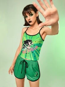 The Powerpuff Girls | ROMWE 紮染人物印花睡衣套裝 - 綠色 - 查看 1