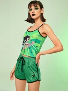 The Powerpuff Girls | ROMWE 紮染人物印花睡衣套裝 - 綠色 - 查看 6