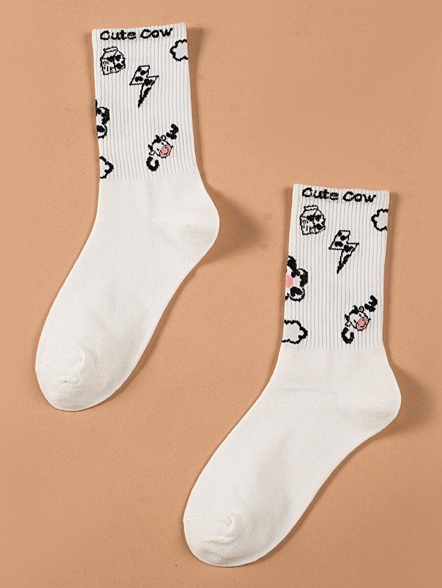 男士卡通牛和字母圖案中筒襪