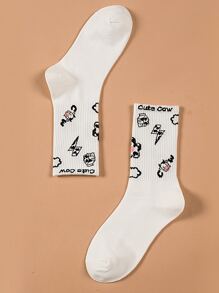 男士卡通牛和字母圖案中筒襪