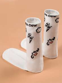 男士卡通牛和字母圖案中筒襪