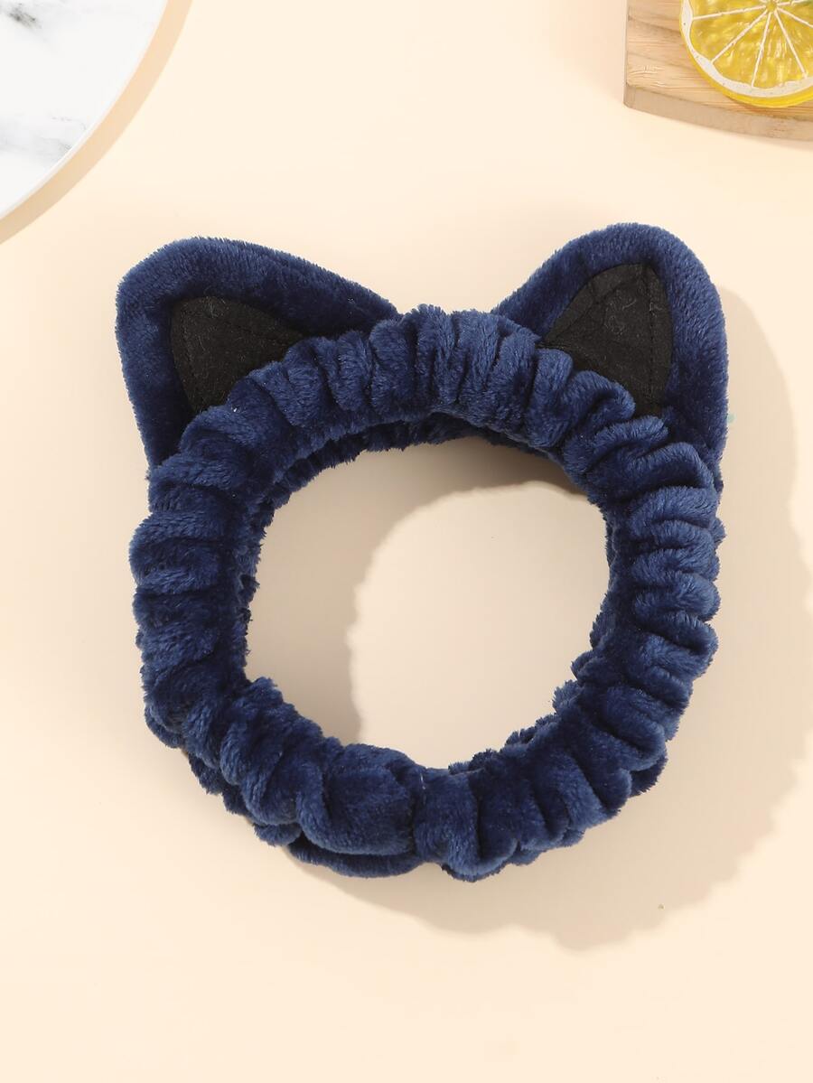 1pc Cartoon Cat Ear Decor Fuzzy Bath Headband - Navy Blue - View 1