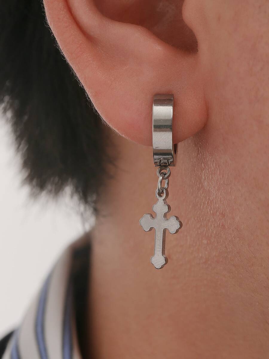 1pc Men Cross Drop Earring - Silver - View 1