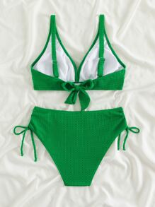 Solid Wrap Drawstring Summer Beach Bikini Set - Green - View 5