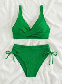 Solid Wrap Drawstring Summer Beach Bikini Set - Green - View 6