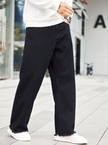 Manfinity Men Raw Trim Straight Leg Jeans - Black - View 1