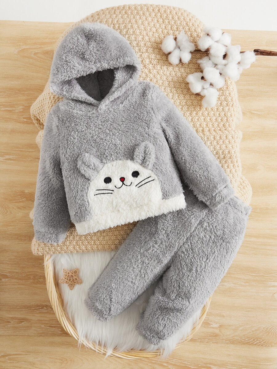 SHEIN Đứa bé trai Thêu Hoạt hình Teddy Hoodie & Quần - Màu Xám nhạt - Xem 1