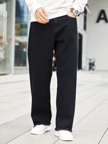 Manfinity Men Raw Trim Straight Leg Jeans - Black - View 5