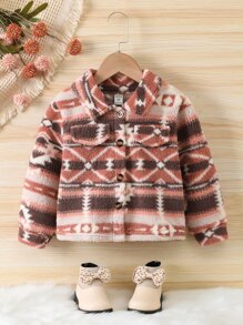 Toddler Girls Geo Pattern Flap Detail Teddy Jacket - Multicolor - View 1